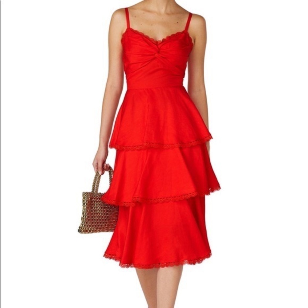 MARCHESA Notte Red Tiered Midi Dress